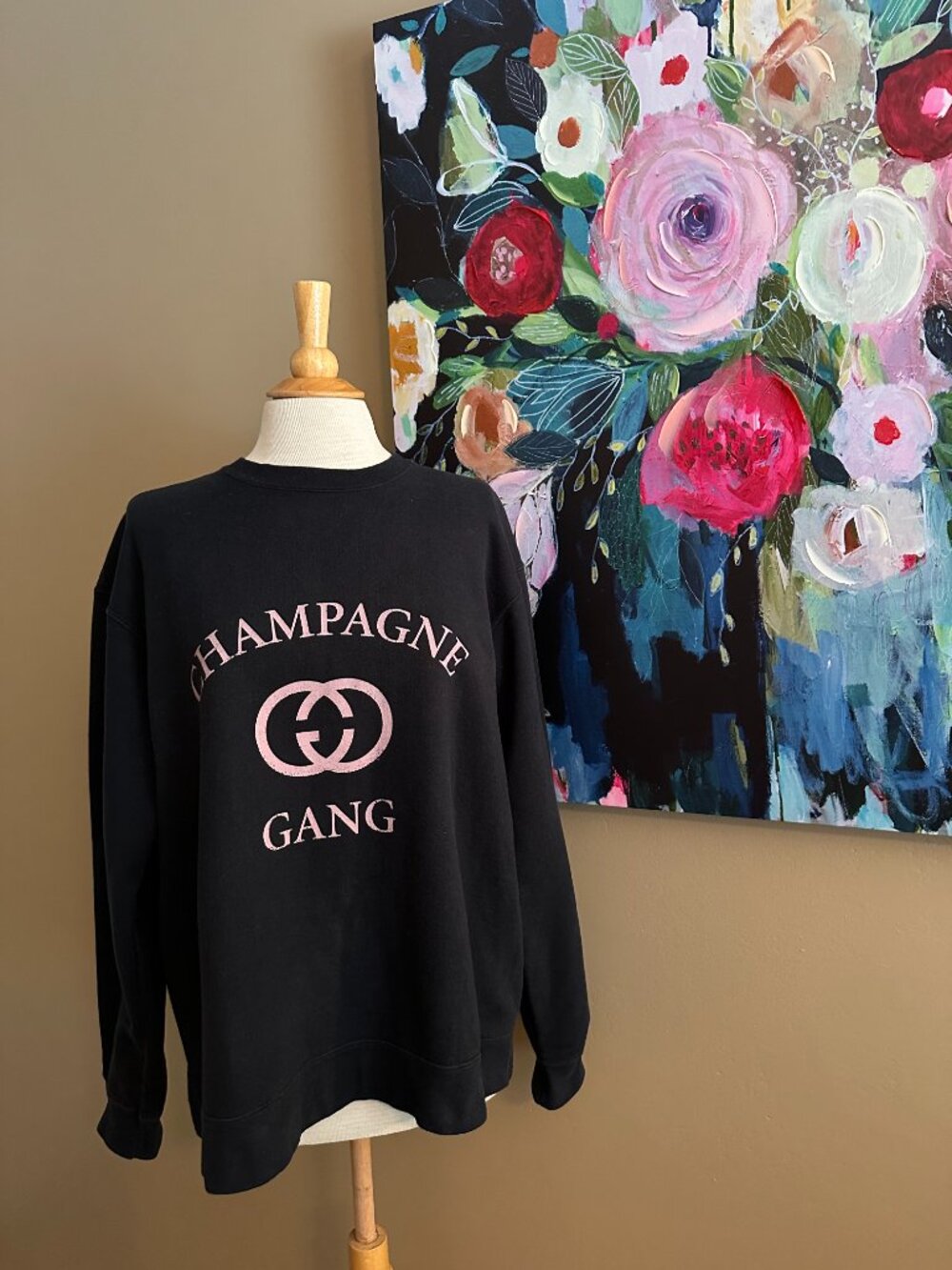 Champagne Gang Sweatshirt XL Oversized Black Crewneck Cozy Chic